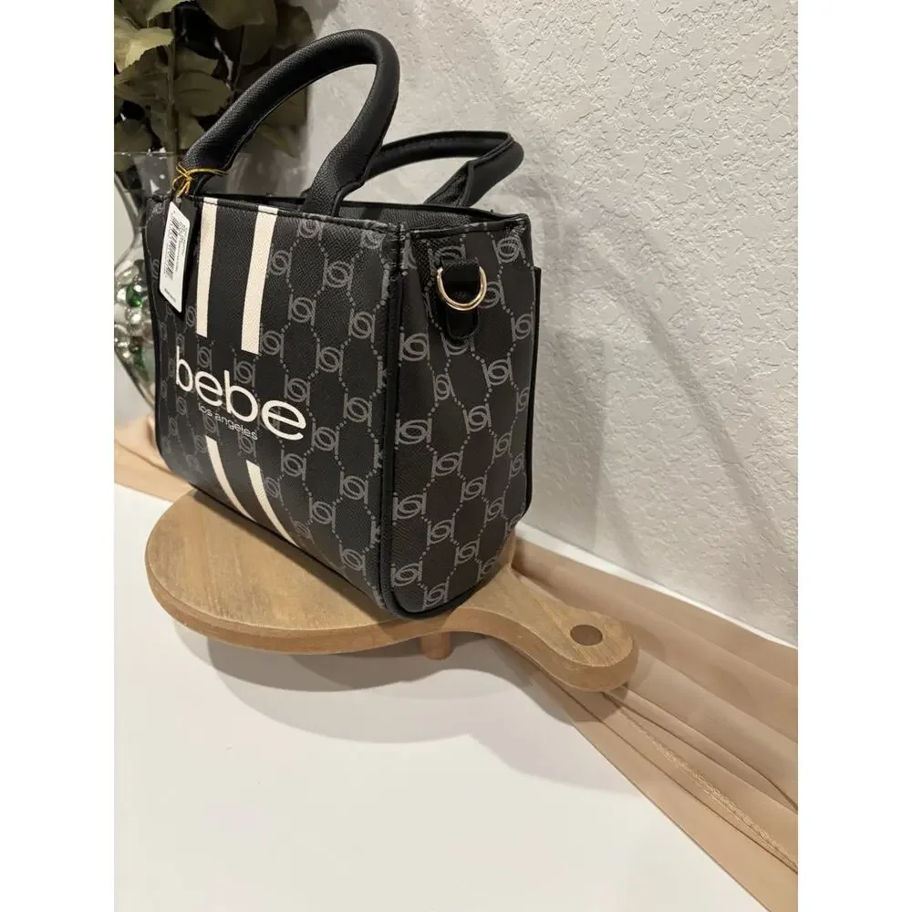 bebe Black White Monogram Logo Small Satchel Top Handle Zip Detachable Strap